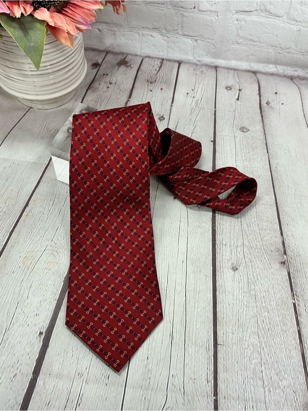 valerio garati Men's Red horse bit Patterned Silk Tie preppy equestrian office